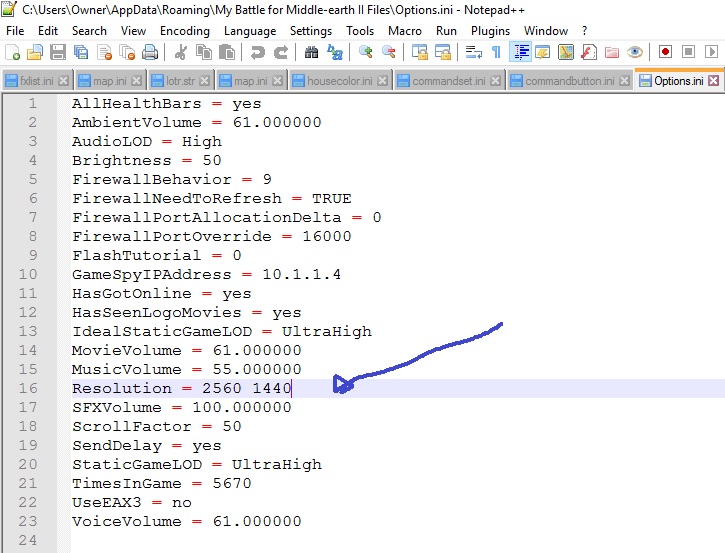 battle for middle earth 2 options.ini windows 7
